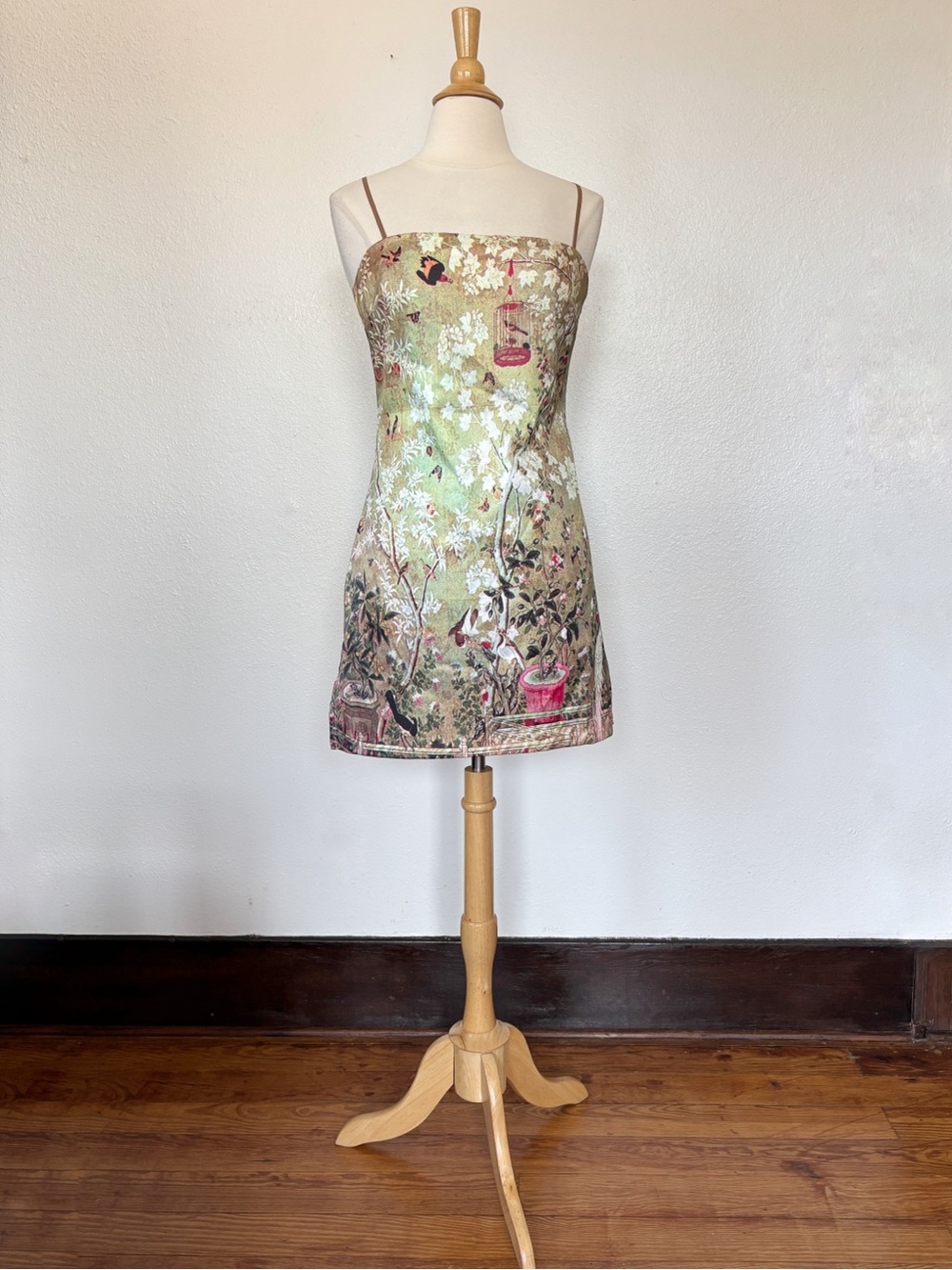 Vintage 90s Rampage Y2K Whimsigoth Botanical Tapestry Birdcage Print Mini Dress